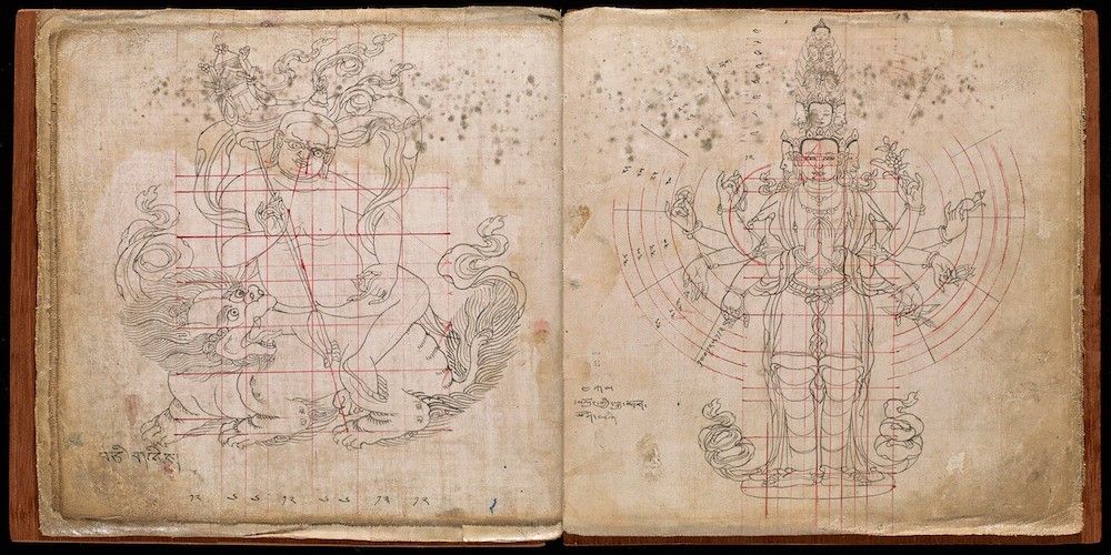 Open book with two pages featuring intricate black line drawings of deities overlaid with red geometric patterns and ancient text.