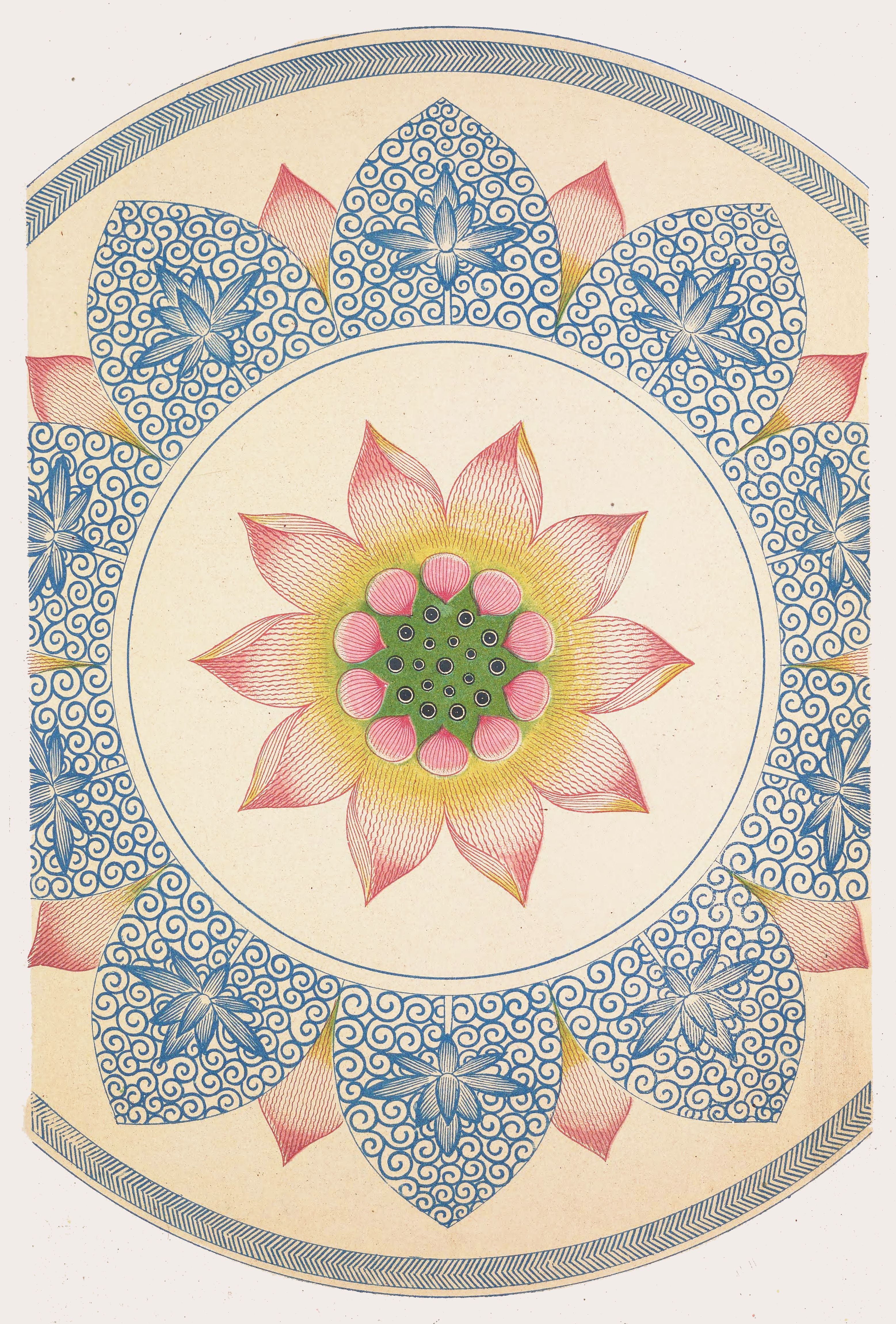 A circular artwork featuring a detailed lotus flower surrounded by repeating patterns and geometric designs.