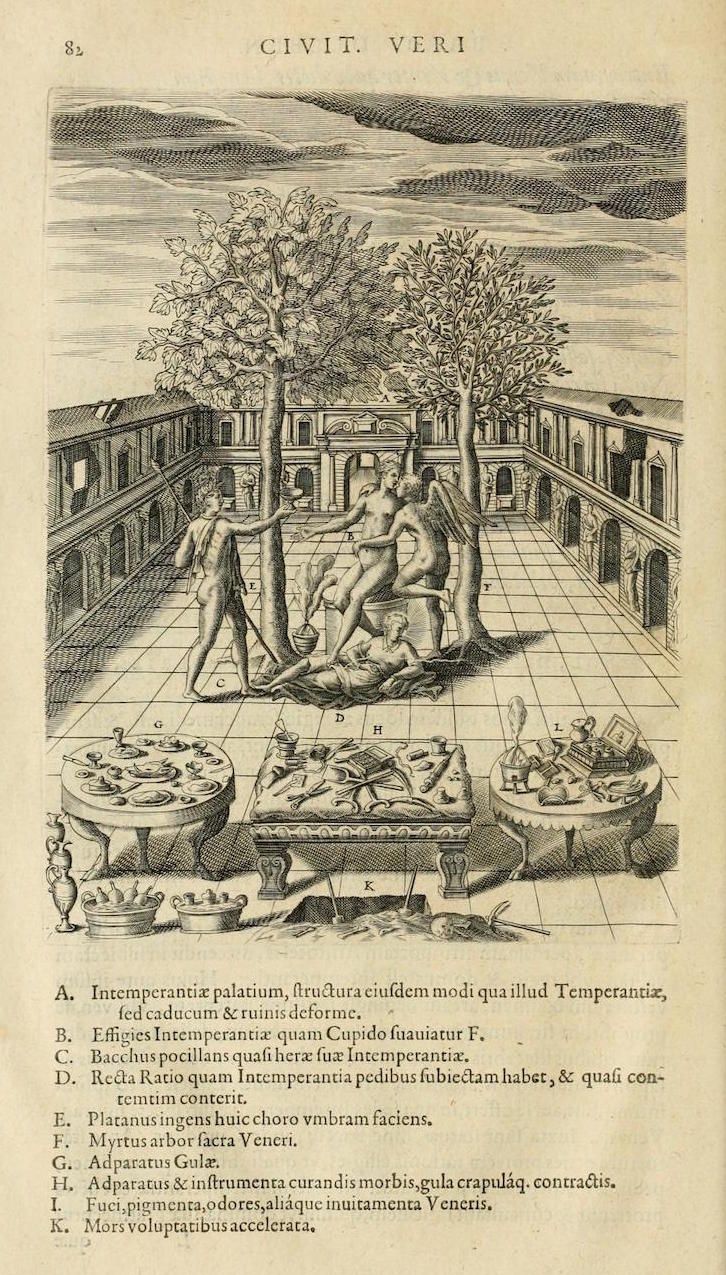 A detailed black and white engraving depicting a scene within a classical courtyard, with reclining figures around a table and a list of labels below.