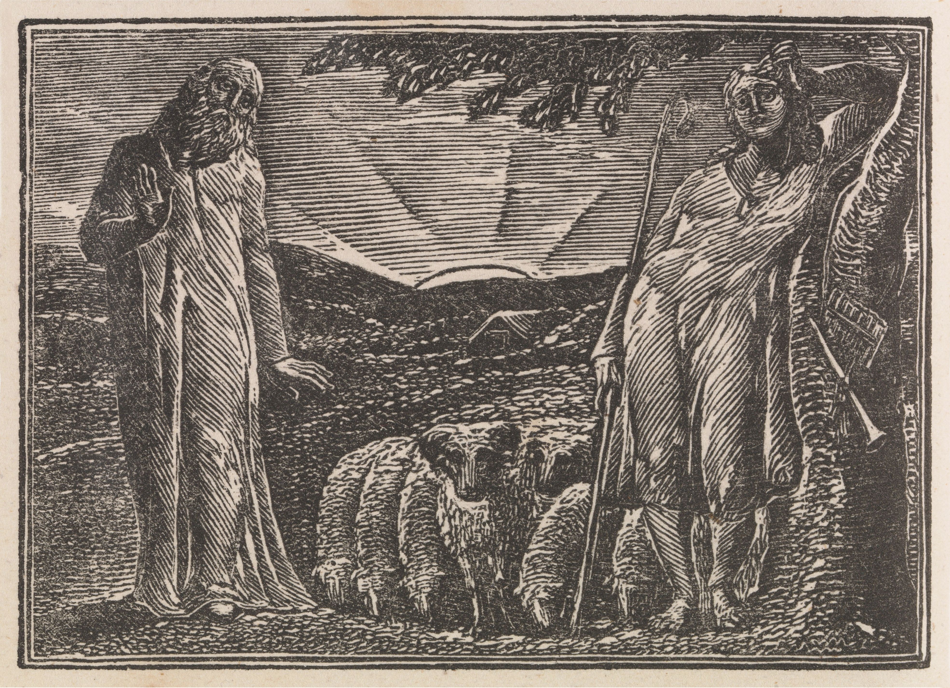 Black and white engraving of a cloaked figure and a shepherd with sheep, set against a landscape with a radiant sun.