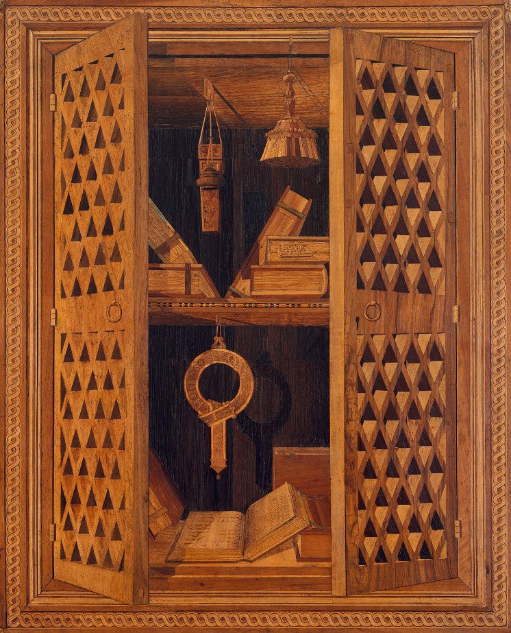A detailed, antique wooden cabinet with its doors open, revealing a collection of books, a lantern, a key, and an hourglass.