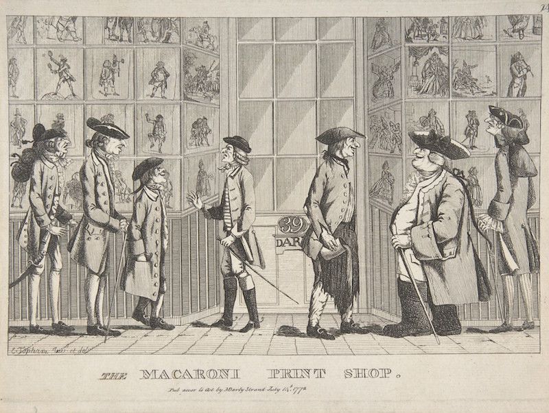 A black and white engraving titled "The Macaroni Print Shop" depicting the interior of a shop filled with prints on the walls. Several men are browsing the prints.