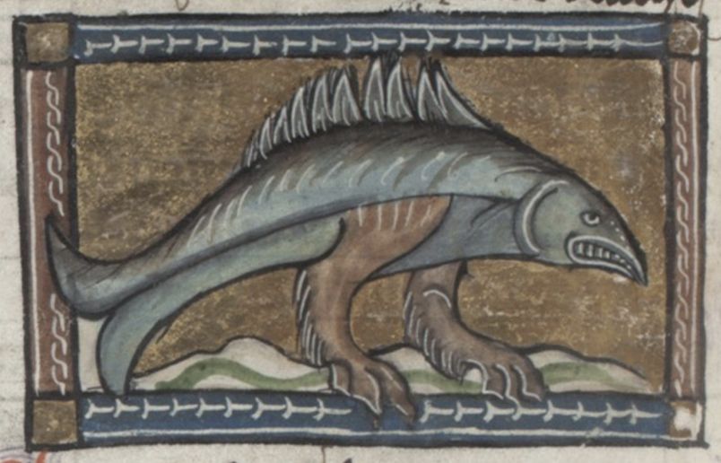 A medieval illustration of a fantastical fish-like creature with legs and clawed feet, set against a textured background and framed by a decorative border.