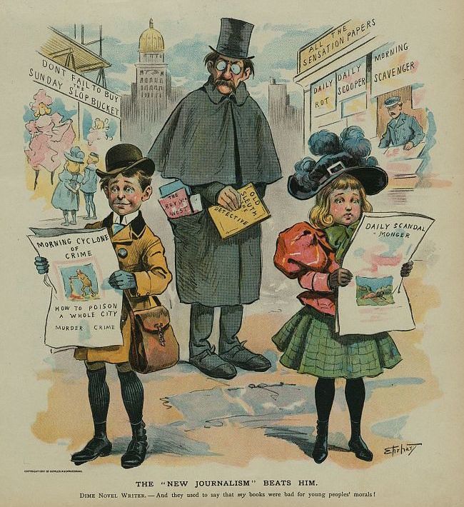 A political cartoon from 1897 titled “The ‘New Journalism’ Beats Him.” It depicts a tall, stern-looking man in a black coat and top hat, representing a dime novel writer, being overshadowed by three children selling sensational newspapers.