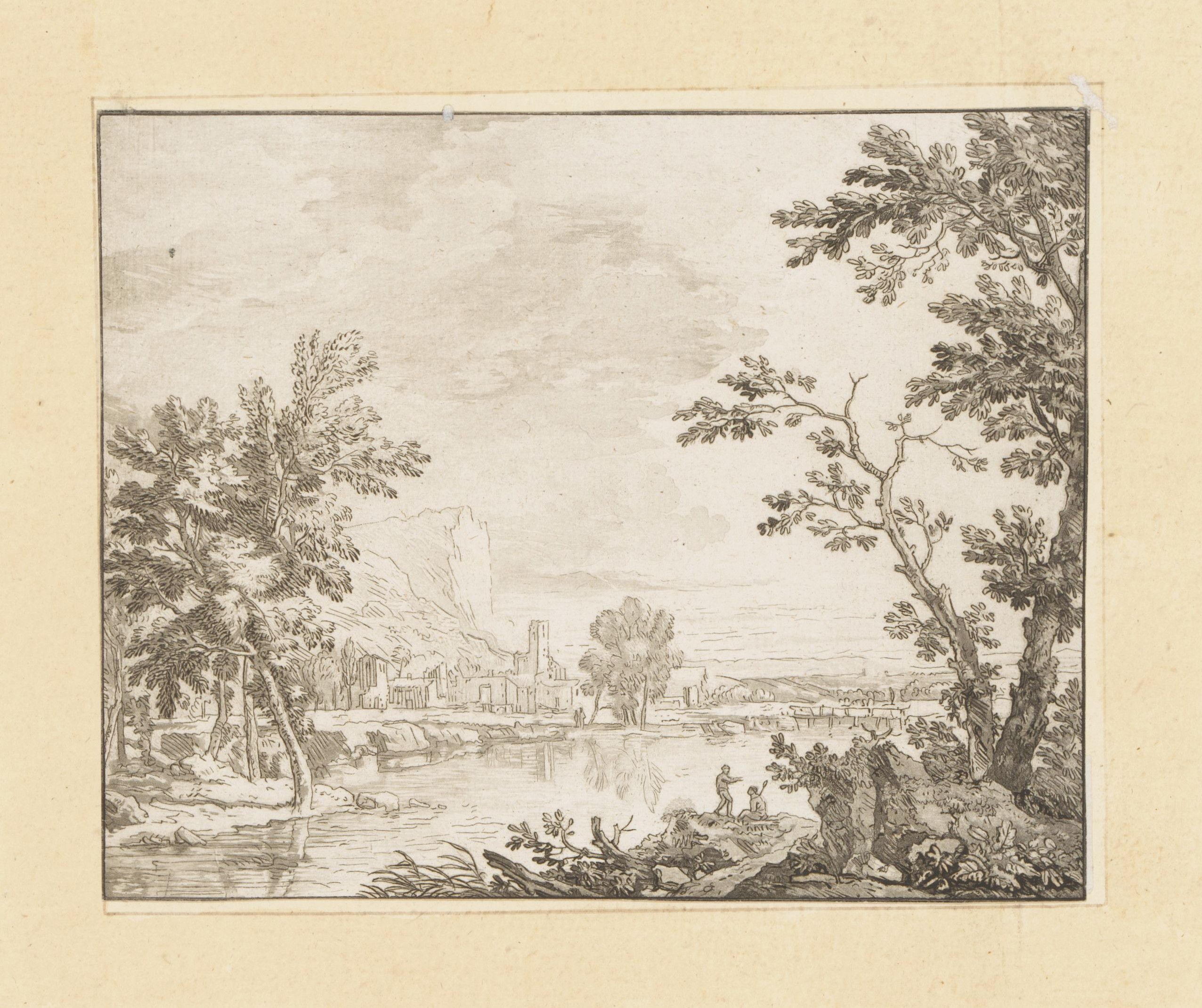 Black and white drawing of a landscape with trees, a river, buildings, and people.