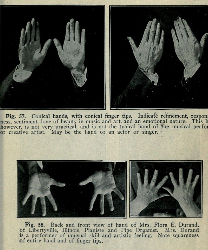 A vintage black and white photograph featuring hand studies labeled 'Fig. 57' and 'Fig. 58'. Fig. 57 shows four views of a hand with long, slender fingers and conical tips. Fig. 58 displays the back and front view of the hand of Mrs. Flora E. Durand, a pianist and pipe organist, with a squarer shape and broader fingers.
