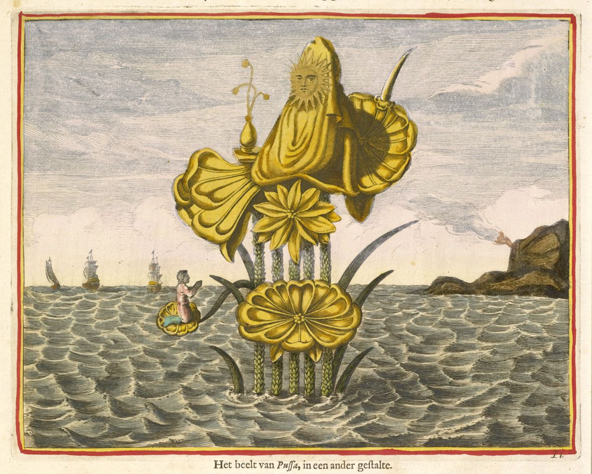 A vintage engraving of a large, golden flower rising from the ocean, with figures on the petals and ships sailing in the distance.