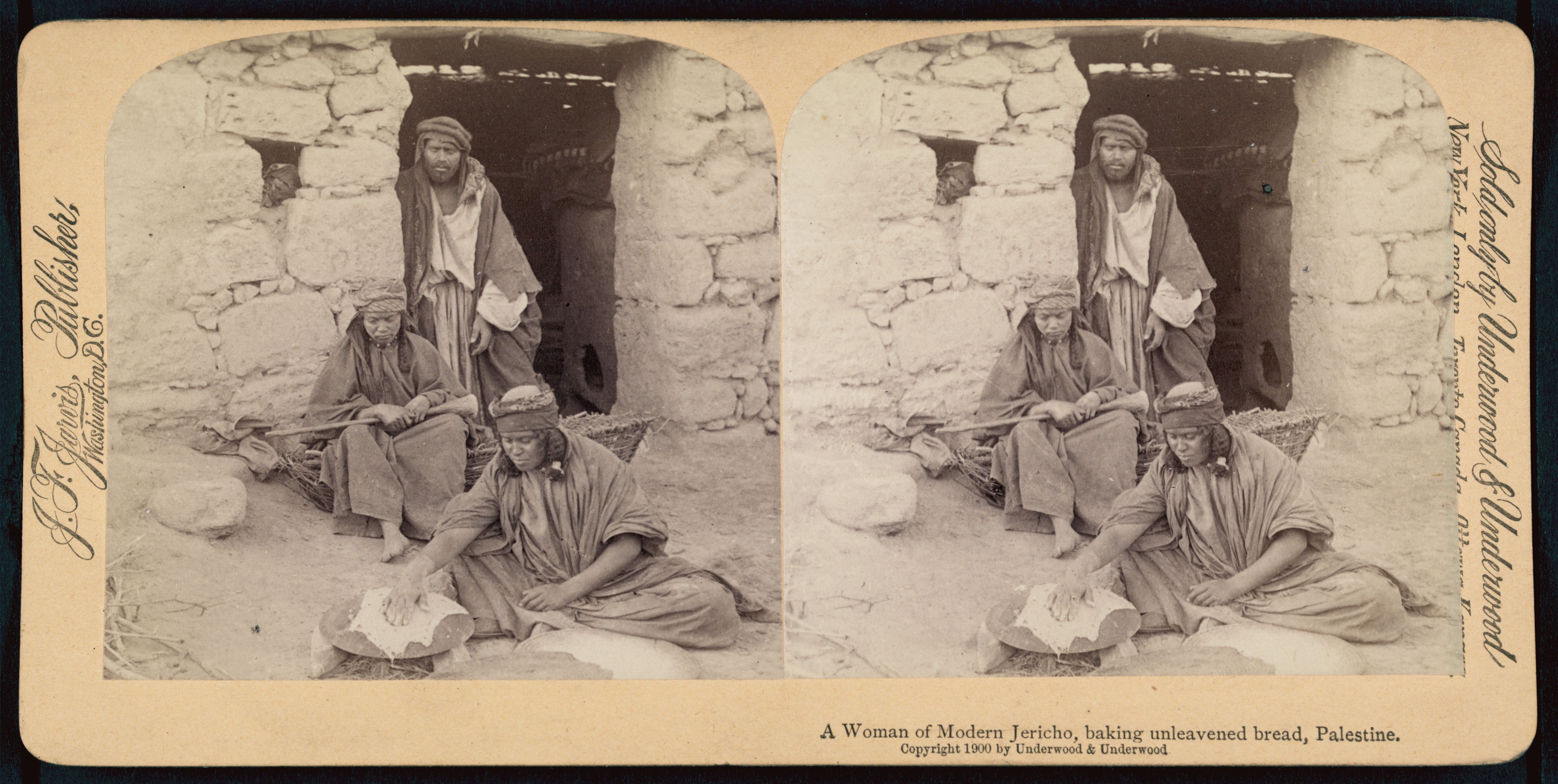 Stereoscope card from 1900 showing a woman baking unleavened bread in Jericho, Palestine.
