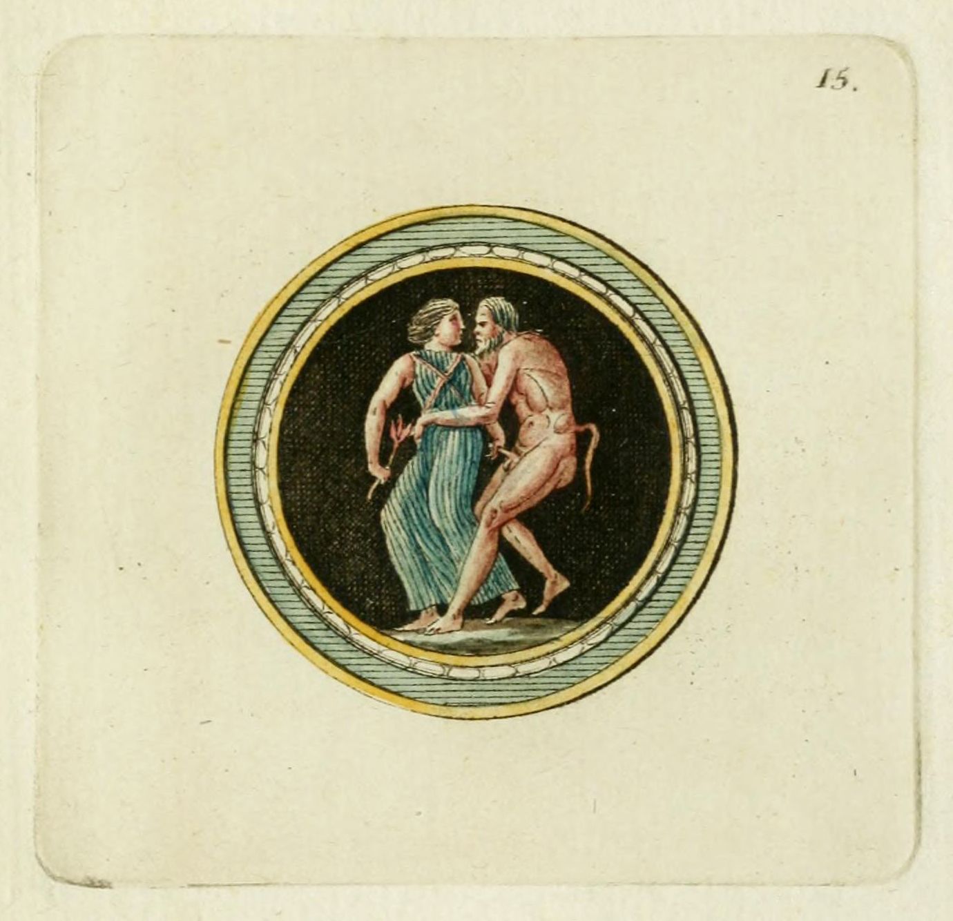Detailed illustration of an oval-shaped artwork depicting a man and a woman in a close embrace, set within a decorative frame.