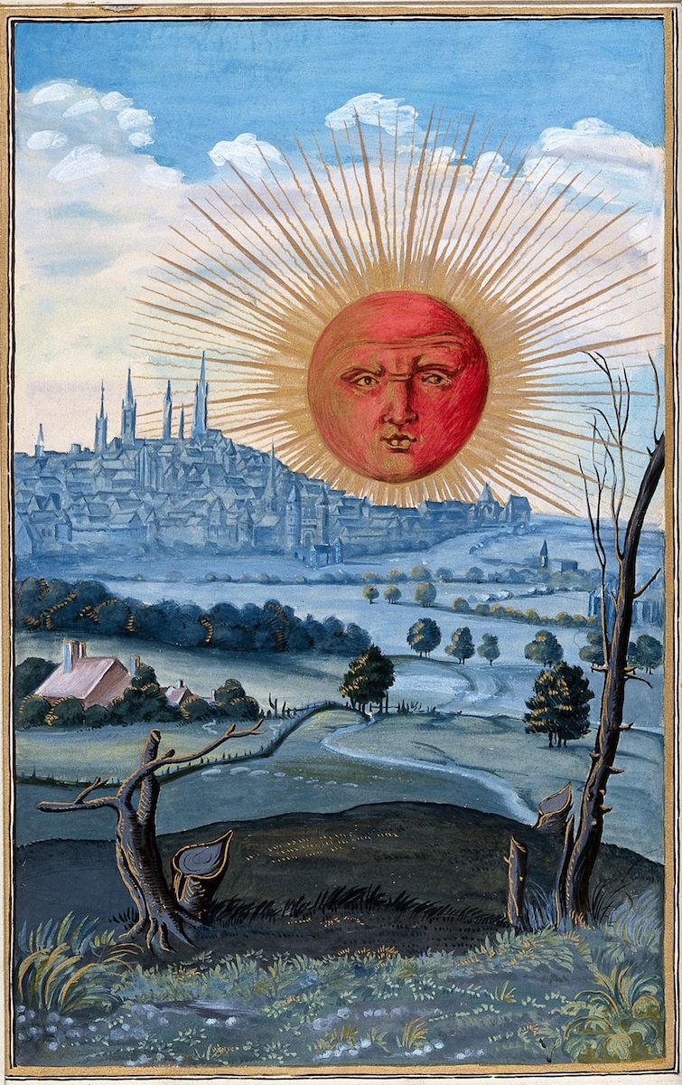 A medieval-style illustration depicting a fantastical landscape under a radiant sun with a human face.