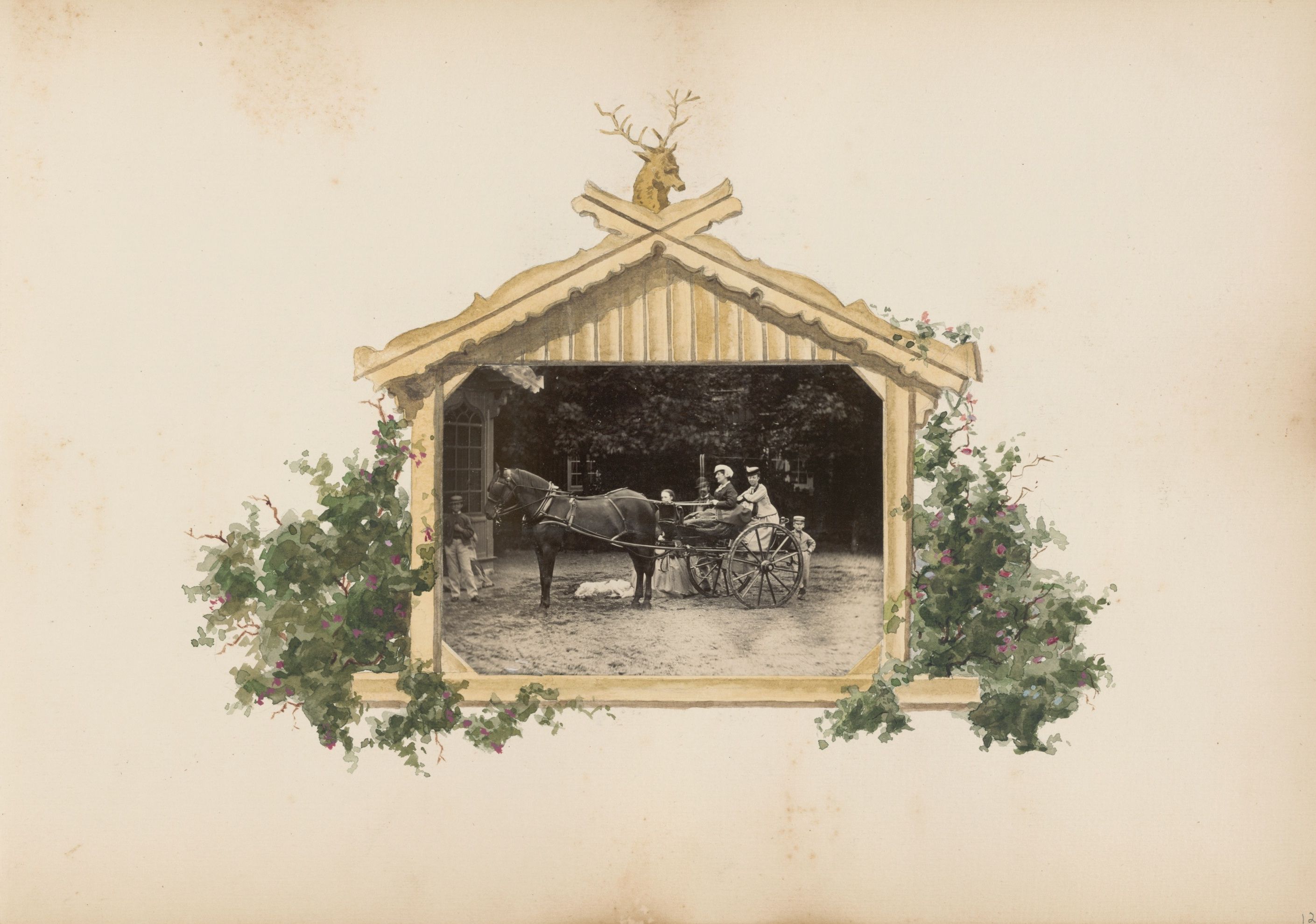 Vintage photograph of a horse-drawn carriage framed by a decorative wooden structure with deer antlers and roses.
