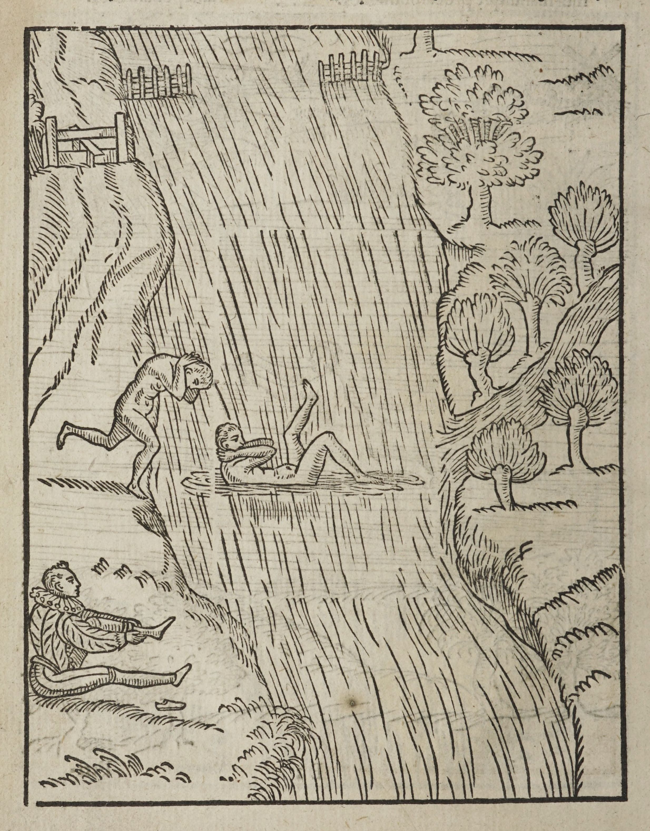 A black and white woodcut illustration depicting a rural landscape with several figures and elements.