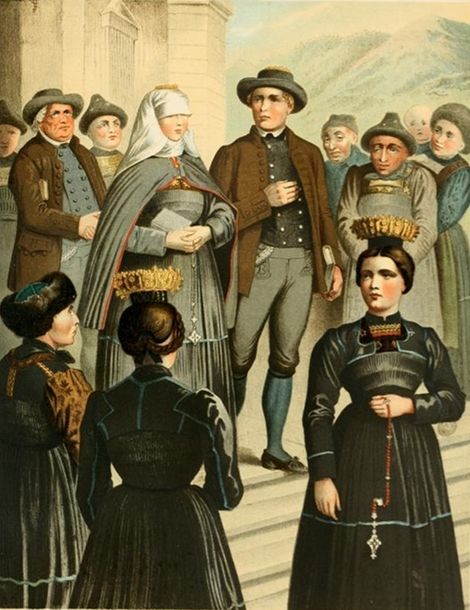 A vintage illustration depicting a bride and groom in traditional clothing, surrounded by a group of people in a religious ceremony or event.