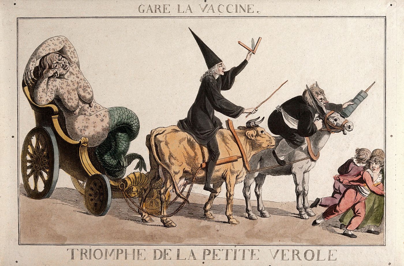 A satirical cartoon depicting a monstrous figure representing smallpox being pulled in a carriage by cows, with a vaccinator preparing to vaccinate people against their will.