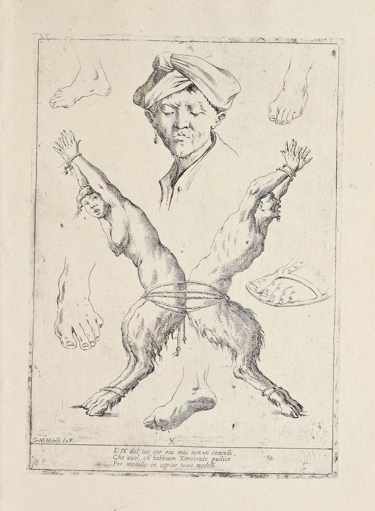 A black and white sketch or engraving depicting a bizarre and fantastical creature with a human head and horse body, surrounded by disembodied feet.