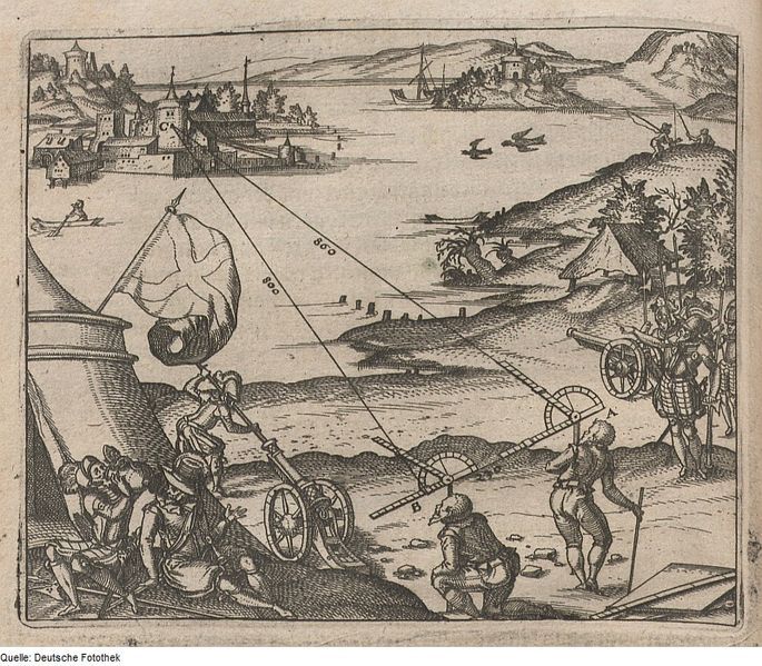 Black and white engraving of a city landscape with mechanical devices and people.