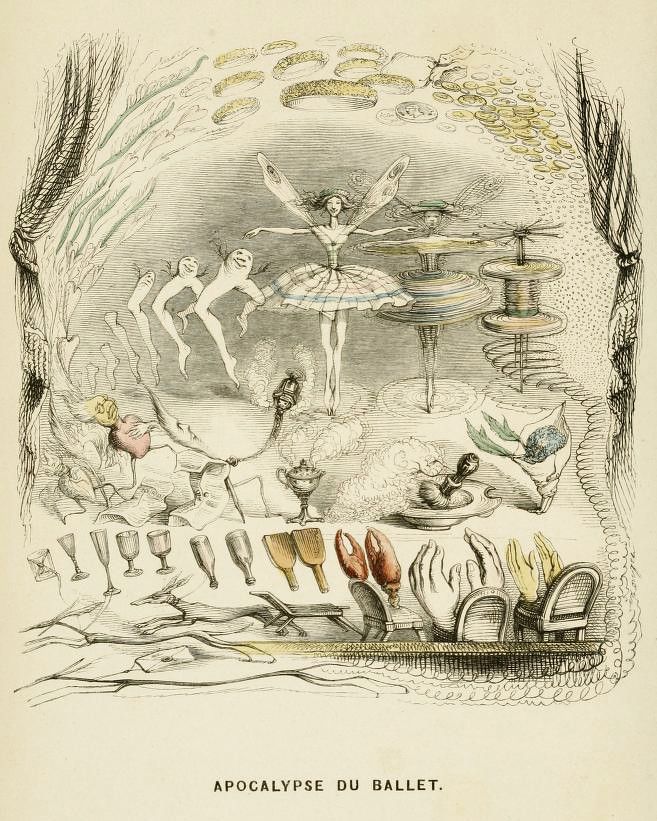 Vintage illustration titled "Apocalypse du Ballet" depicting a chaotic scene with ballet dancers, overturned furniture, and musical instruments.