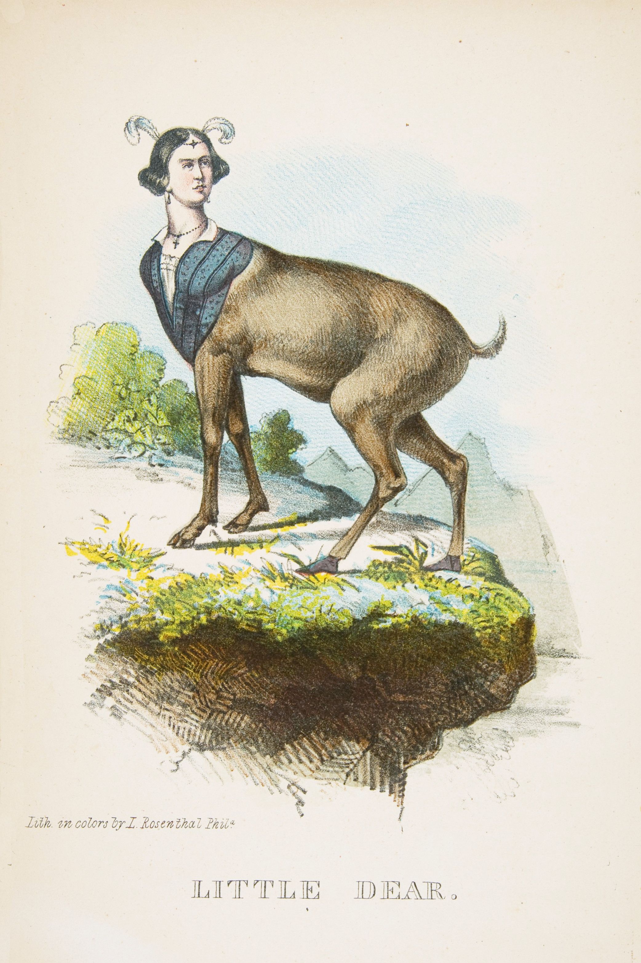 Vintage lithograph titled 'Little Dear' depicting a woman with the body of a goat.