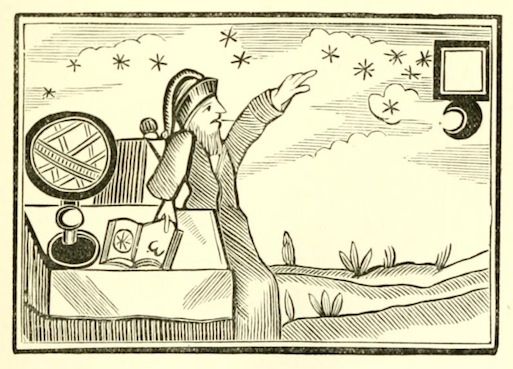 Vintage woodcut illustration of an astronomer studying the stars with a telescope and celestial globe.