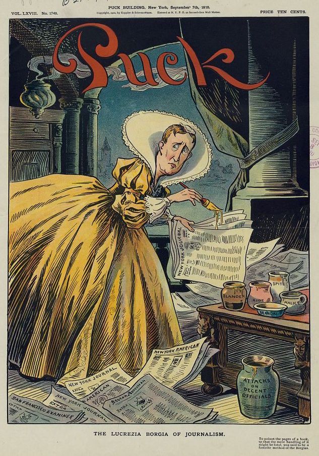 A vintage political cartoon titled "The Lucrezia Borgia of Journalism" from the publication "Puck" dated September 7th, 1910.