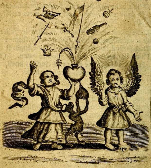 Vintage black and white engraving of two angels with a heart, dog, and various symbolic objects floating above.