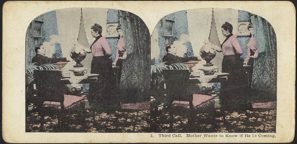 Stereoscopic card depicting a woman in a Victorian parlor, titled "Third Call. Mother Wants to Know if He Is Coming."