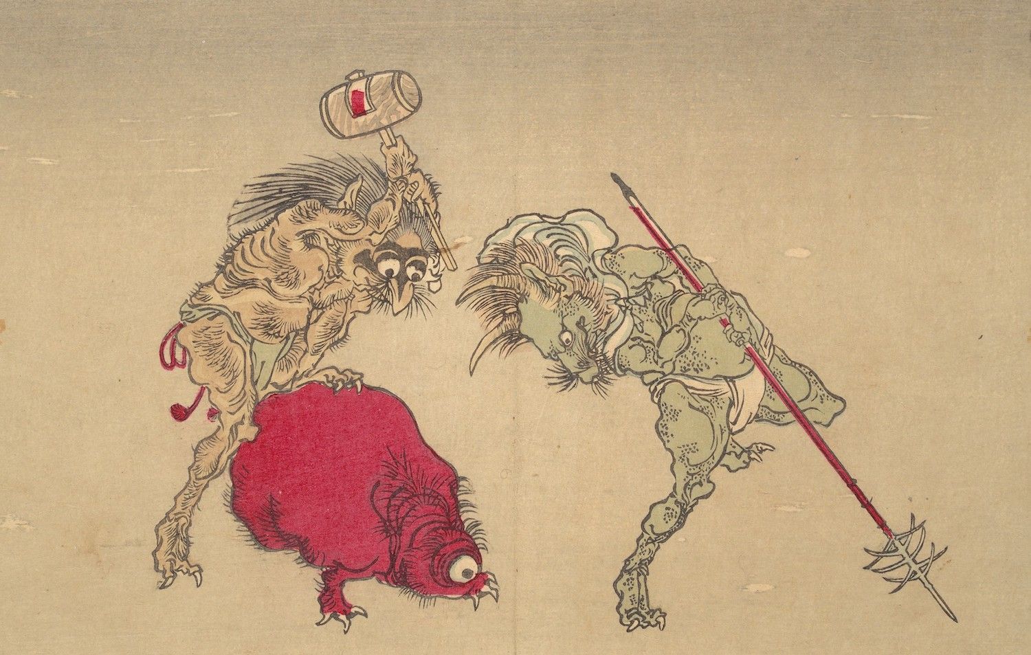 Vintage Japanese woodblock print of two fantastical creatures in a confrontation.