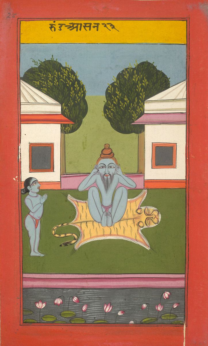 A traditional Indian painting depicting a blue-skinned figure meditating on an animal skin, with a worshipper and a serene landscape.