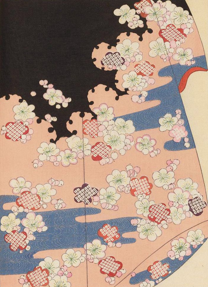 Vintage Japanese woodblock print with white flowers and red designs on a peach background, featuring a dark cloud and a blue ribbon.