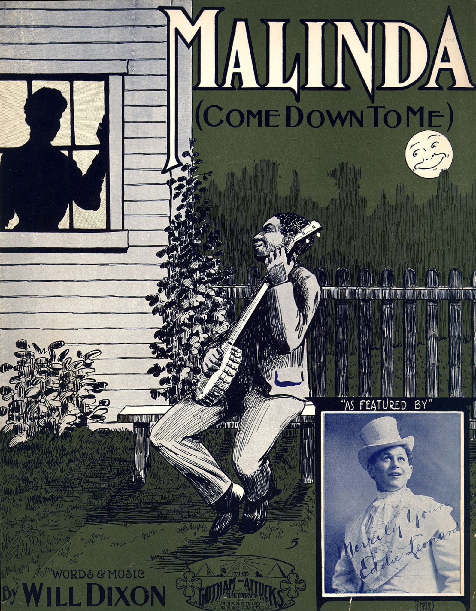 Vintage sheet music cover for "Malinda (Come Down to Me)" featuring an illustration of a Black man playing a stringed instrument and a portrait of a man in a hat.