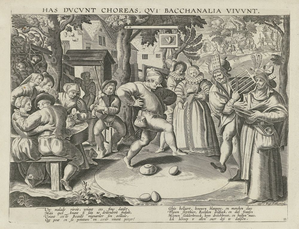 A black and white engraving depicting a lively, chaotic scene of a Bacchic revelry with people dancing, playing musical instruments, and drinking.