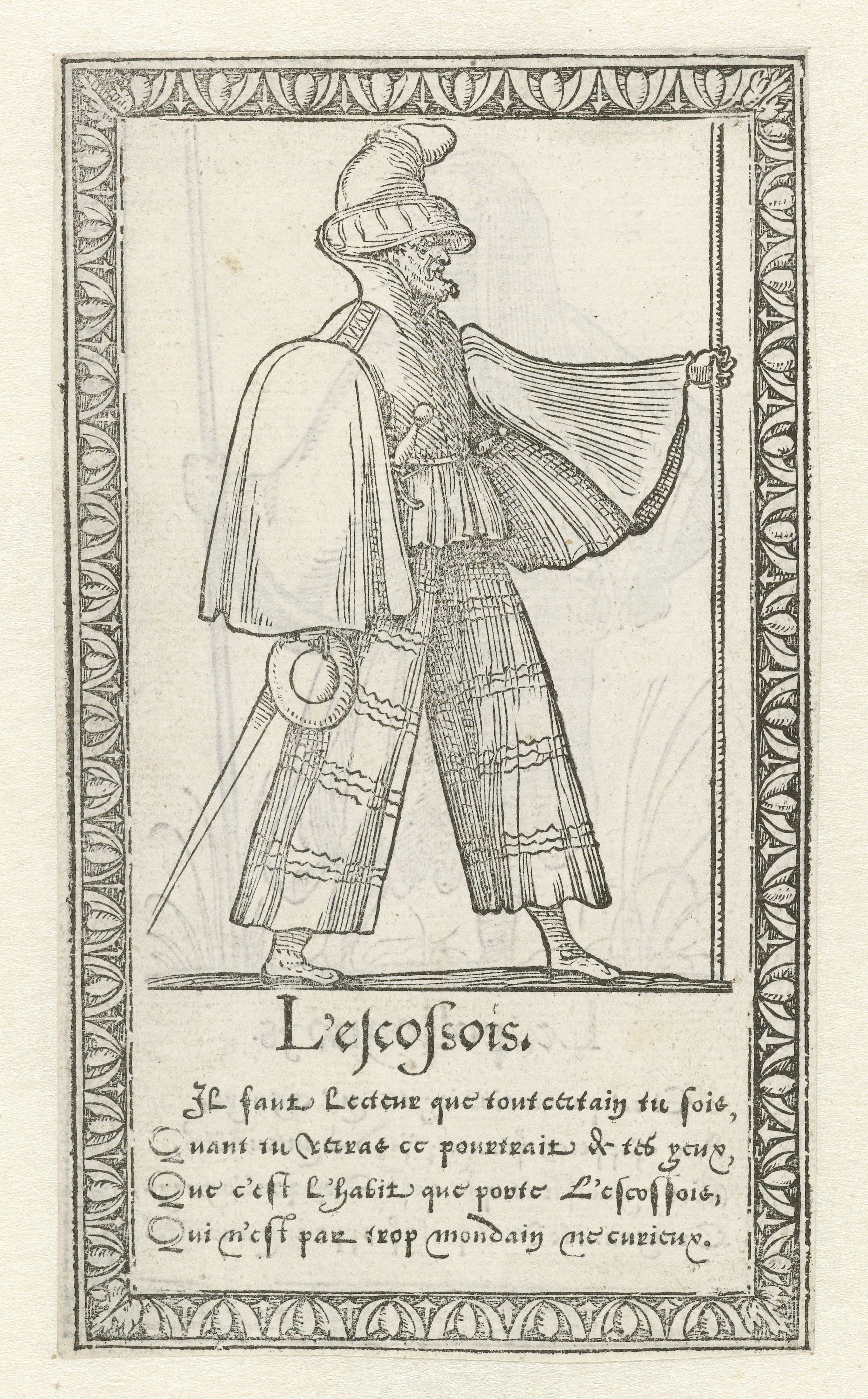 A black and white illustration of a man in historical attire, standing with a sword and staff, with text below and a decorative border.