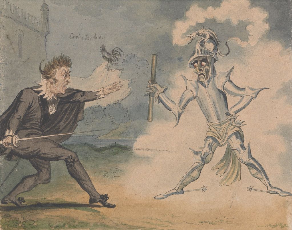 A watercolor painting depicting a dramatic scene with two figures engaged in a tense standoff.