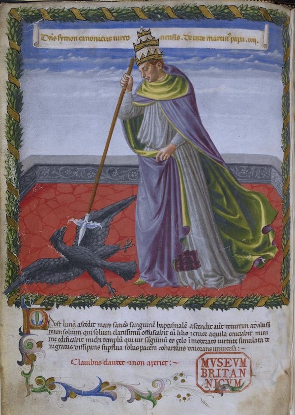 Medieval manuscript illumination depicting a crowned figure standing over a dragon.