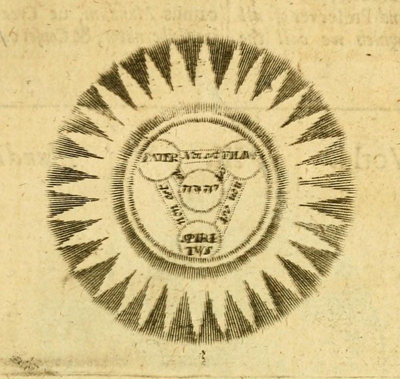 A detailed, antique-style illustration of a complex symbolic design with concentric circles, geometric shapes, and spiky rays radiating outwards.