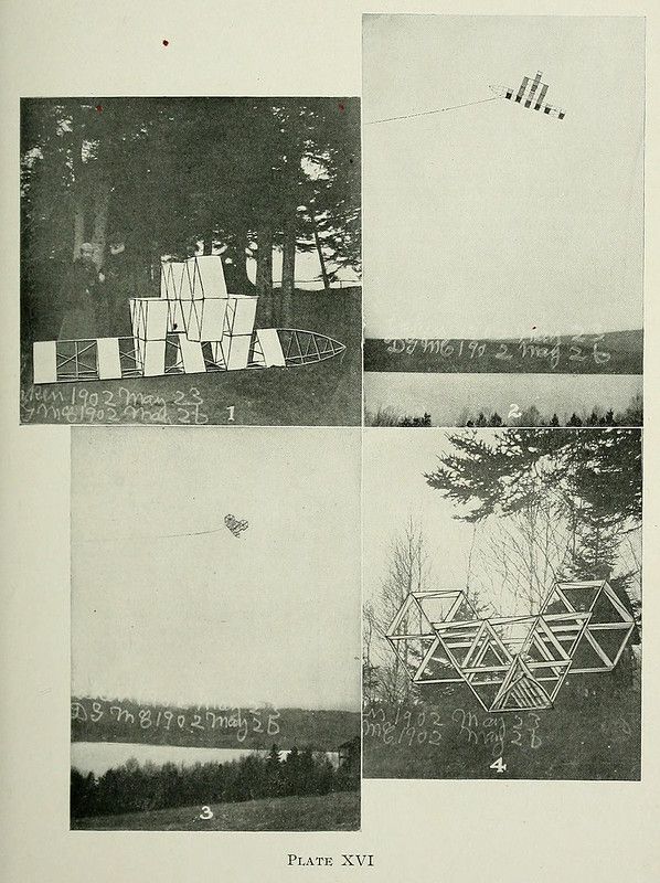 A plate with four black and white photographs arranged in a 2x2 grid, documenting the construction of geometric structures outdoors.