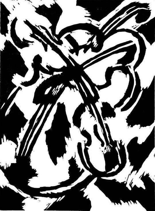 Abstract black and white woodcut print with bold lines and shapes.