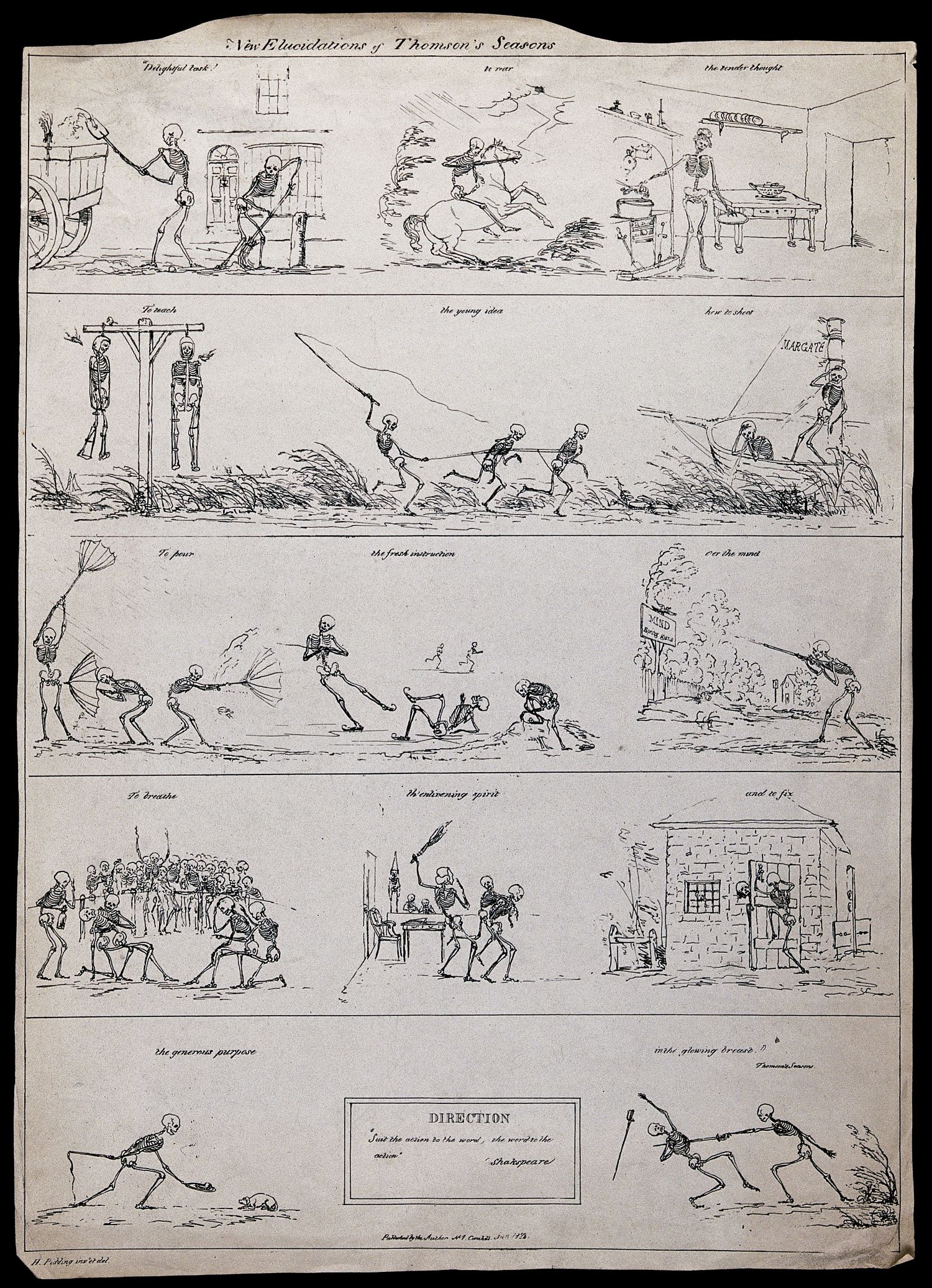 A black and white cartoon titled "New Elucidations of Thomson's Seasons" depicting a grid of 16 panels, each with a skeletal figure engaged in various activities.