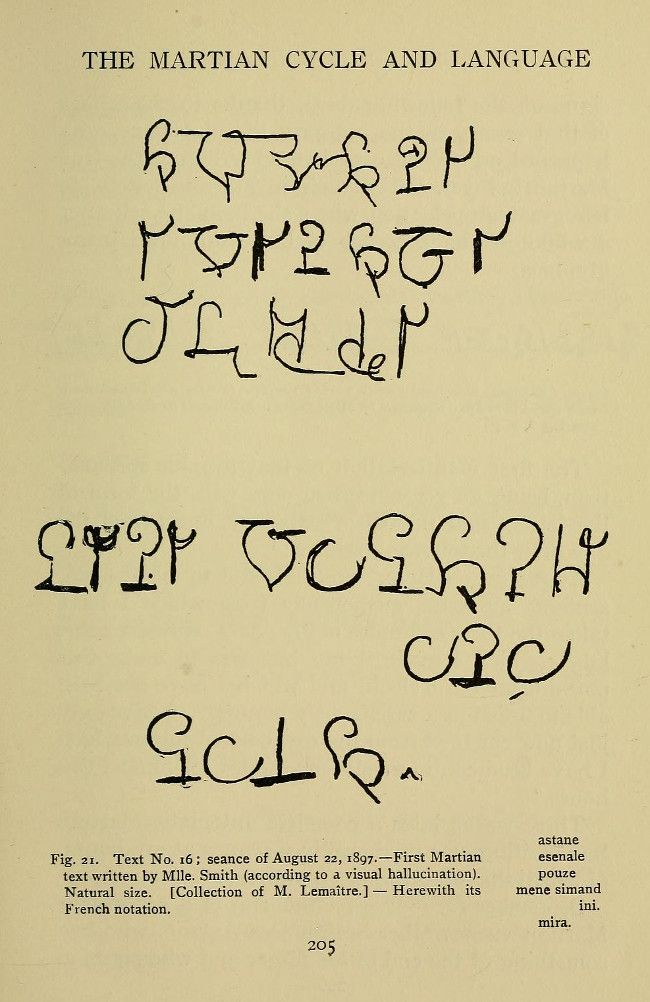 A page from a document titled "THE MARTIAN CYCLE AND LANGUAGE" featuring handwritten symbols or characters that appear to be an unknown script.