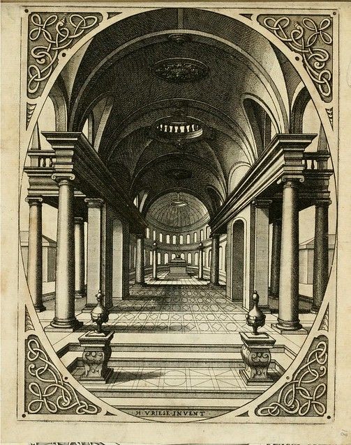 A black and white engraving of a grand interior space with columns, stairs, and a vaulted ceiling, framed by an ornate border.