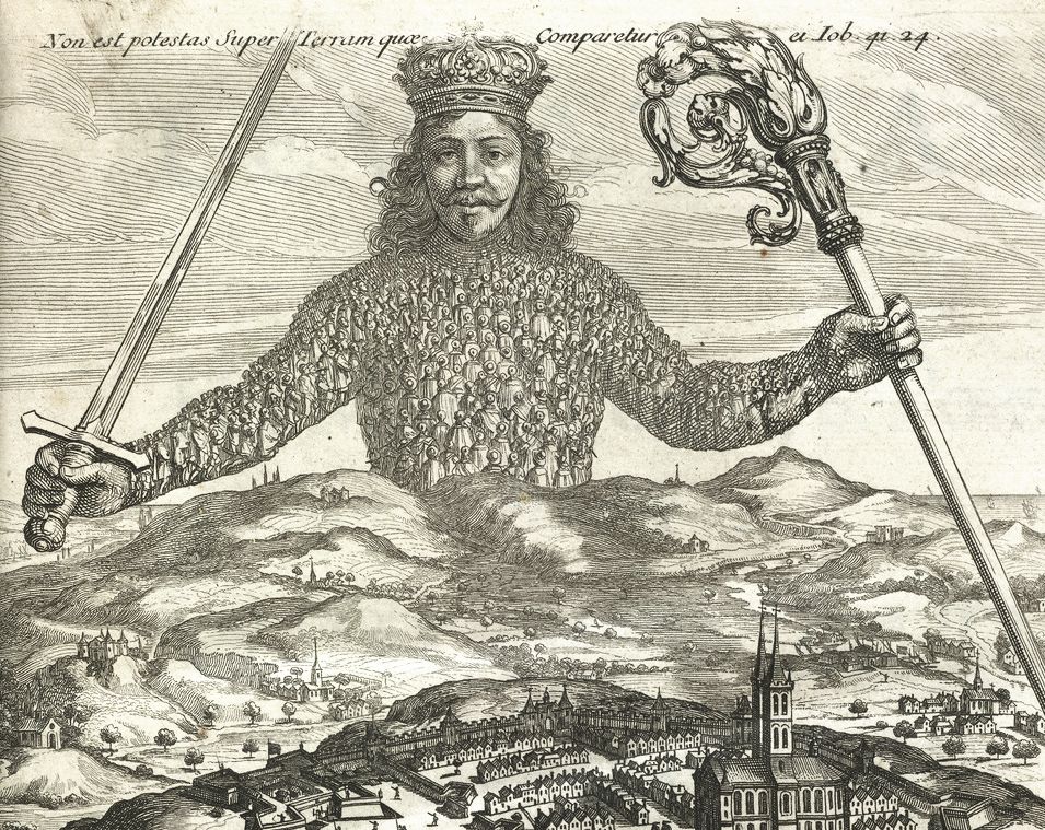 A detailed black and white engraving depicting a colossal giant towering over a city.