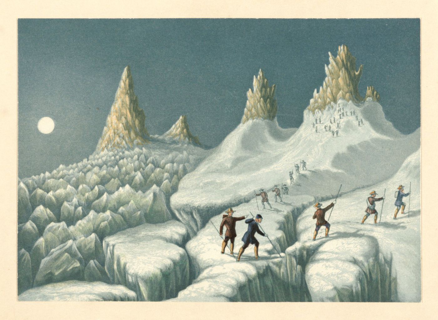 Vintage illustration of a group of people walking through an icy landscape with a city on a distant peak under a full moon.