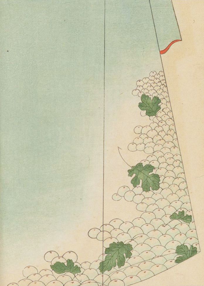 Vintage illustration with a green background and a pattern of snails and oak leaves.
