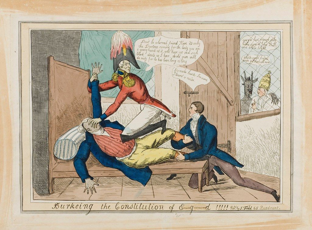 Political cartoon titled "Burkeing the Constitution of E-g-d!!!!" depicting a man being operated on by a doctor while another man observes.