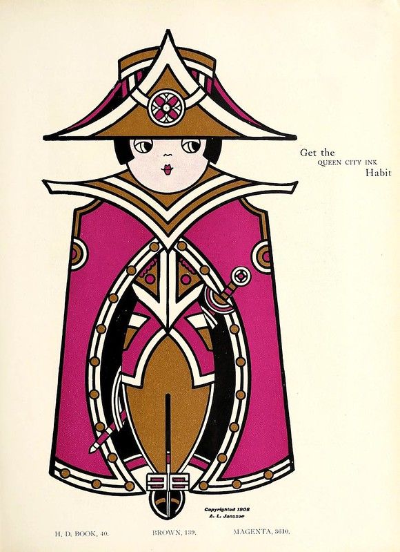 A vintage illustration of a person in a magenta robe with geometric patterns, wearing a stylized hat. Text reads "Get the QUEEN CITY INK Habit".