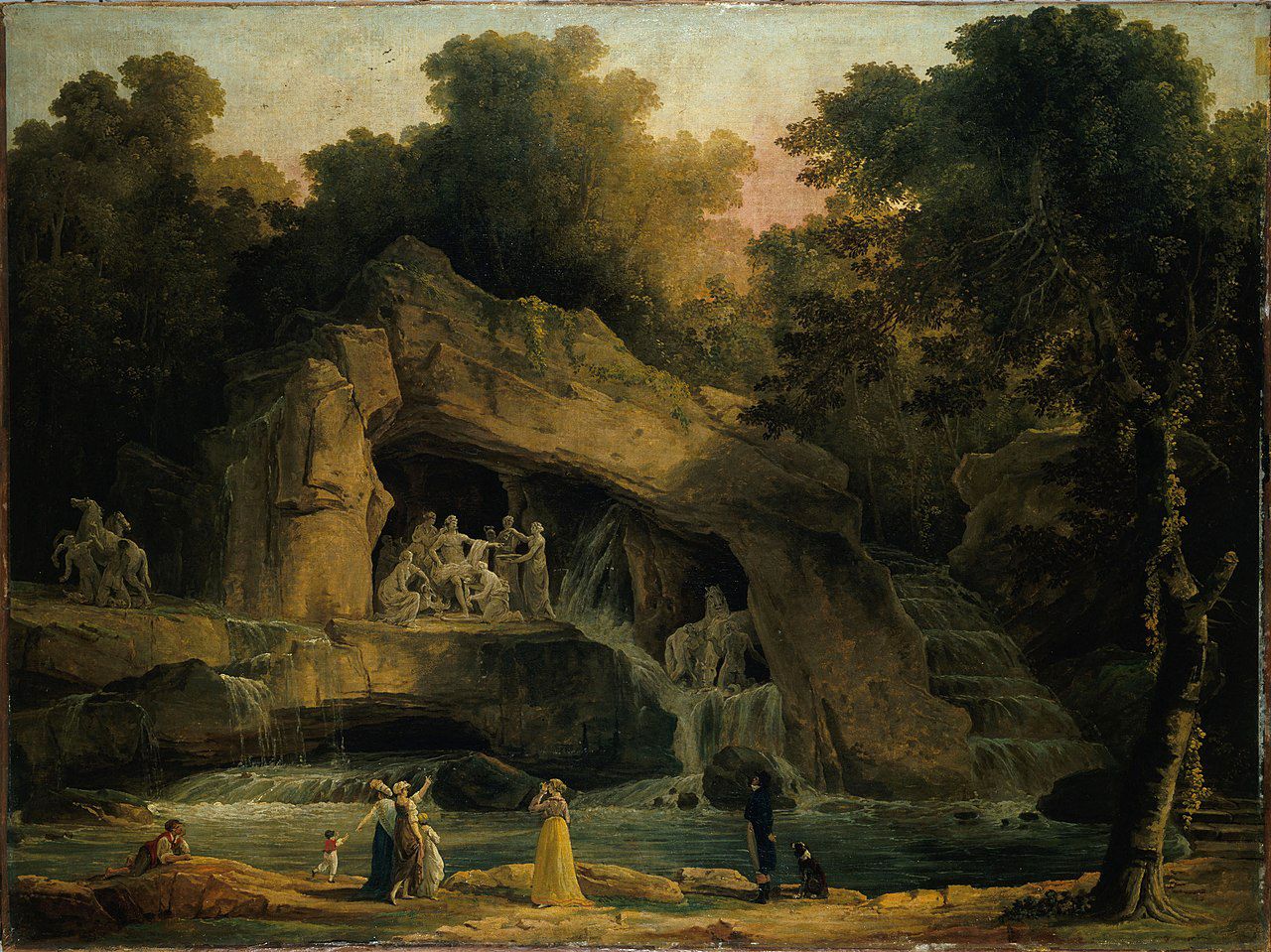 painting of a cave with a waterfall and classical statues, surrounded by lush vegetation and figures in flowing robes