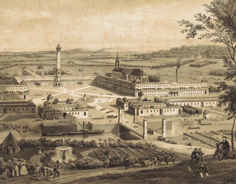 Vintage engraving of a grand cityscape with a large public square, surrounding buildings, and a bustling park.