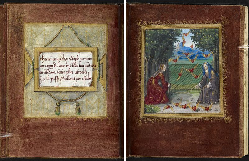 An open manuscript with handwritten text on the left page and a scene of a man and woman in a garden on the right page.