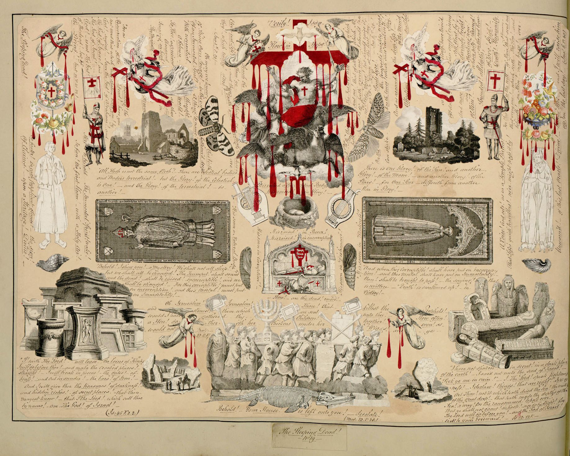 Antique illustration with religious and historical theme, featuring a cross, mourning figures, tombs, and angelic beings.