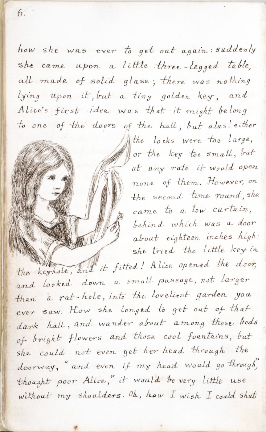 A vintage book page with a pen and ink illustration of Alice attempting to fit a tiny golden key into a minuscule keyhole in a door. The page is filled with handwritten text in cursive.